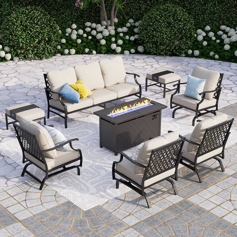 Phi Villa 9-Seat Outdoor Steel Conversation Sofa Set With Leather Grain Fire Pit Table