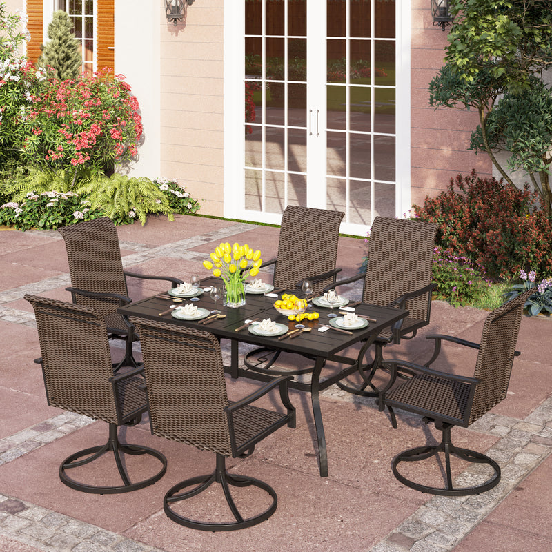 PHI VILLA 7-piece Patio Dining Set with Steel Rectangle Table & 6 Rattan Swivel Chairs