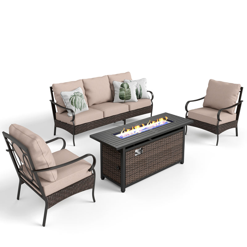 Phi Villa 5-Seat Outdoor Steel & Rattan Conversation Sofa Set With Wicker & Steel Fire Pit Table