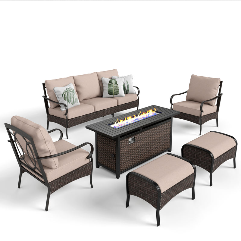 Phi Villa 7-Seat Outdoor Steel & Rattan Conversation Sofa Set With Wicker & Steel Fire Pit Table