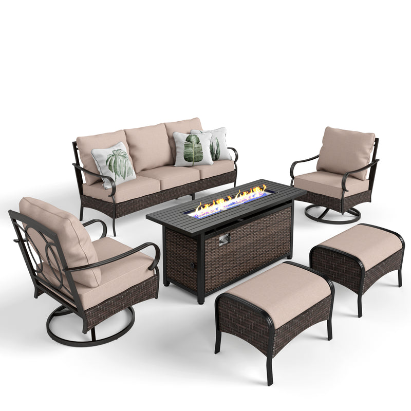 Phi Villa 7-Seat Outdoor Steel & Rattan Conversation Sofa Set With Wicker & Steel Fire Pit Table