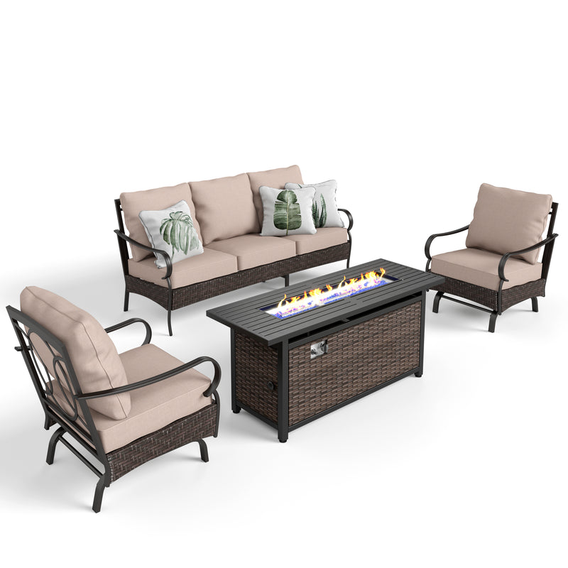 Phi Villa 5-Seat Outdoor Steel & Rattan Conversation Sofa Set With Wicker & Steel Fire Pit Table
