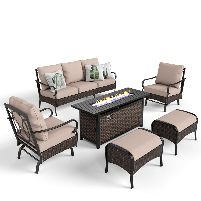 Phi Villa 7-Seat Outdoor Steel & Rattan Conversation Sofa Set With Wicker & Steel Fire Pit Table