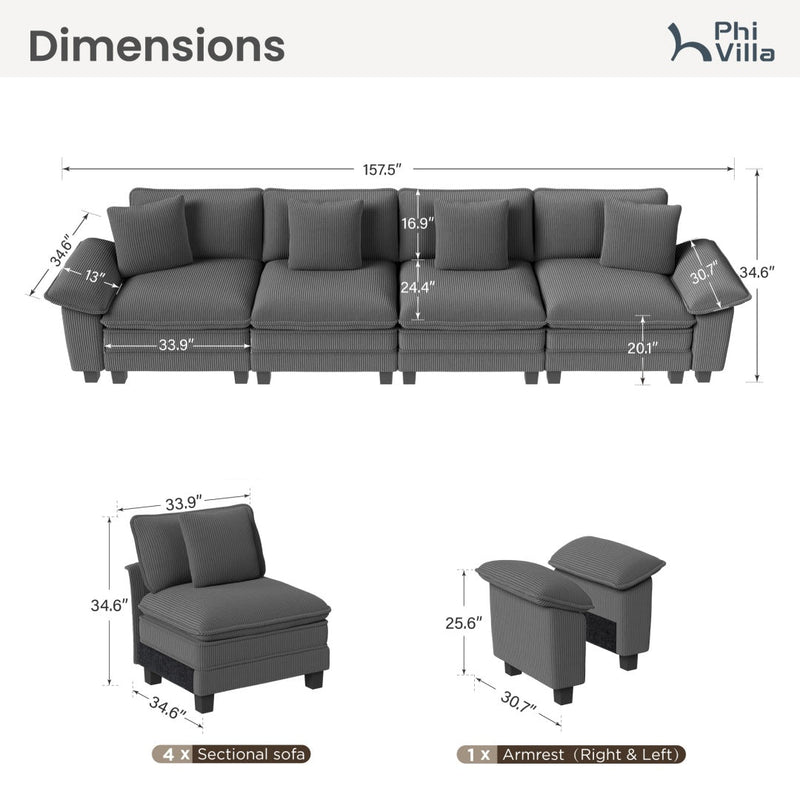 Phi Villa Large Living Room Sofa Couch Corduroy