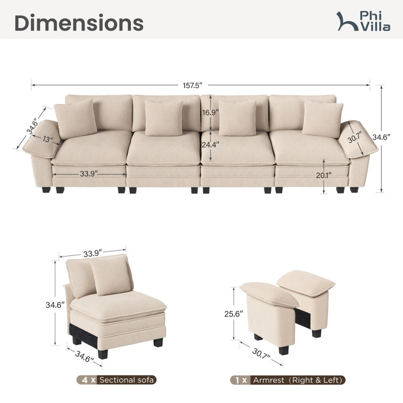 Phi Villa Large Living Room Sofa Couch Corduroy