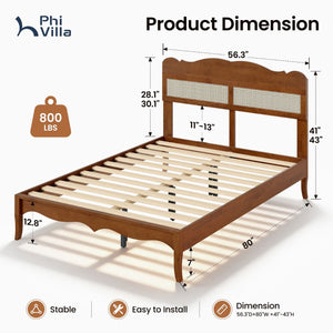 Phi Villa Classic Style Wooden Bed Frame with Rattan Headboard