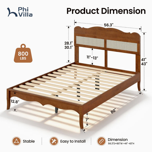 Phi Villa Classic Style Wooden Bed Frame with Rattan Headboard