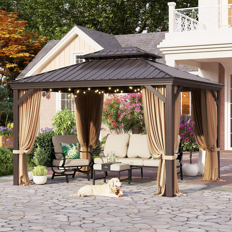 PHI VILLA 10' X 12' Outdoor Hardtop Gazebo Double Roof Canopy with Curtains and Netting