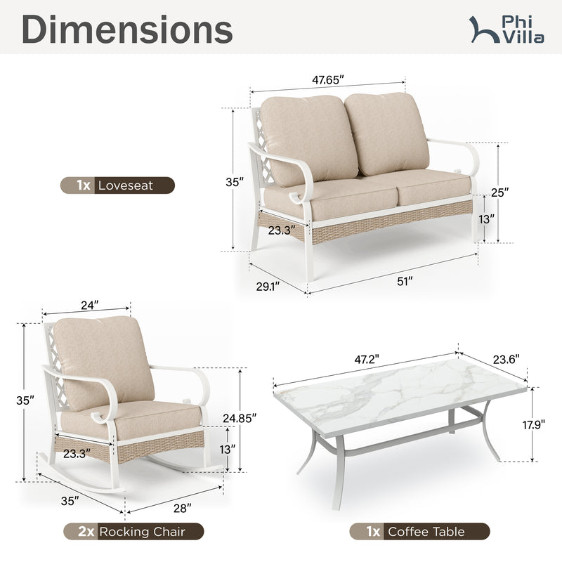 Phi Villa 4-Seater Outdoor Rattan & Steel Fresh Color Sofa Set With Coffee Table