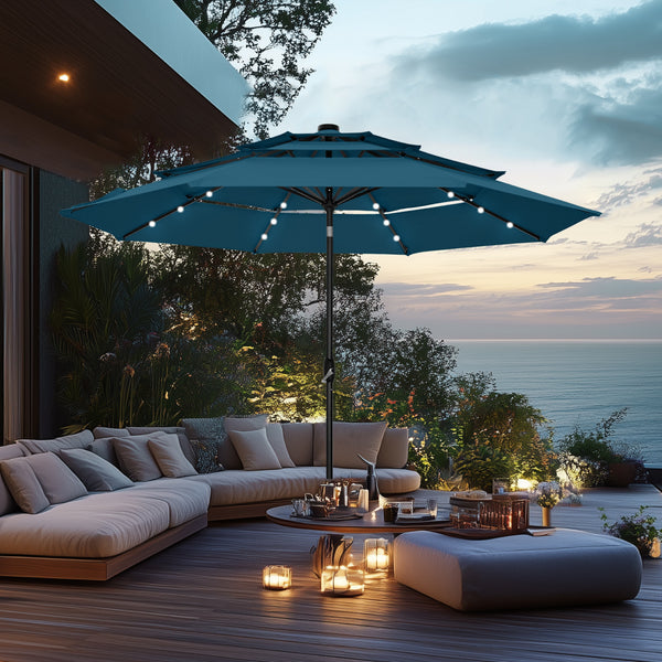 10ft Solar 3 Tier Auto-tilt Patio Vented Umbrella with LED Lights