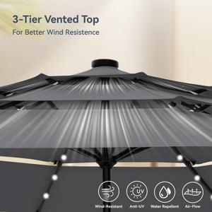 10ft Solar 3 Tier Auto-tilt Patio Vented Umbrella with LED Lights