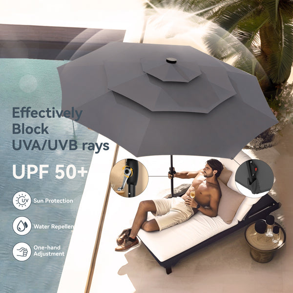 10ft Solar 3 Tier Auto-tilt Patio Vented Umbrella with LED Lights