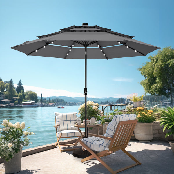 10ft Solar 3 Tier Auto-tilt Patio Vented Umbrella with LED Lights