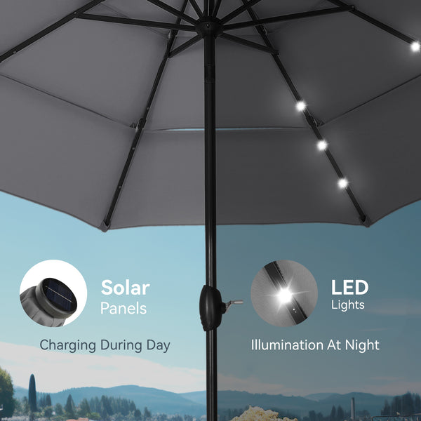 10ft Solar 3 Tier Auto-tilt Patio Vented Umbrella with LED Lights