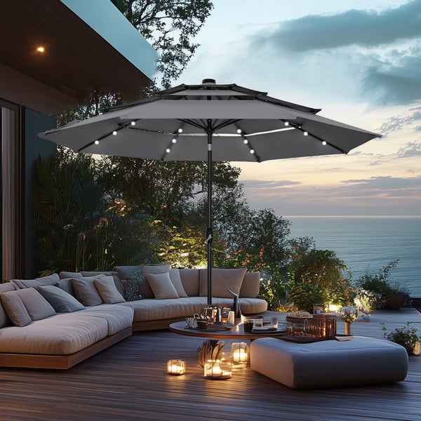 10ft Solar 3 Tier Auto-tilt Patio Vented Umbrella with LED Lights