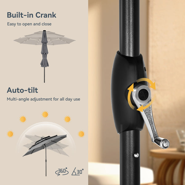 10ft Solar 3 Tier Auto-tilt Patio Vented Umbrella with LED Lights