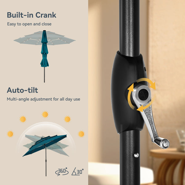 10ft Solar 3 Tier Auto-tilt Patio Vented Umbrella with LED Lights