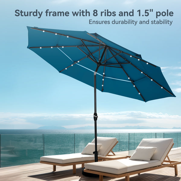 10ft Solar 3 Tier Auto-tilt Patio Vented Umbrella with LED Lights