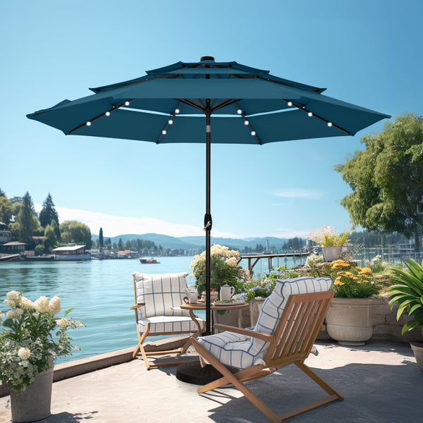 10ft Solar 3 Tier Auto-tilt Patio Vented Umbrella with LED Lights