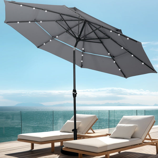 10ft Solar 3 Tier Auto-tilt Patio Vented Umbrella with LED Lights