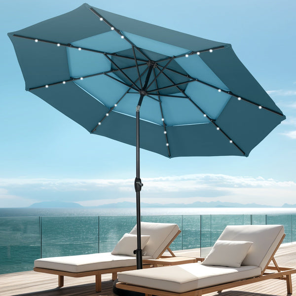 10ft Solar 3 Tier Auto-tilt Patio Vented Umbrella with LED Lights