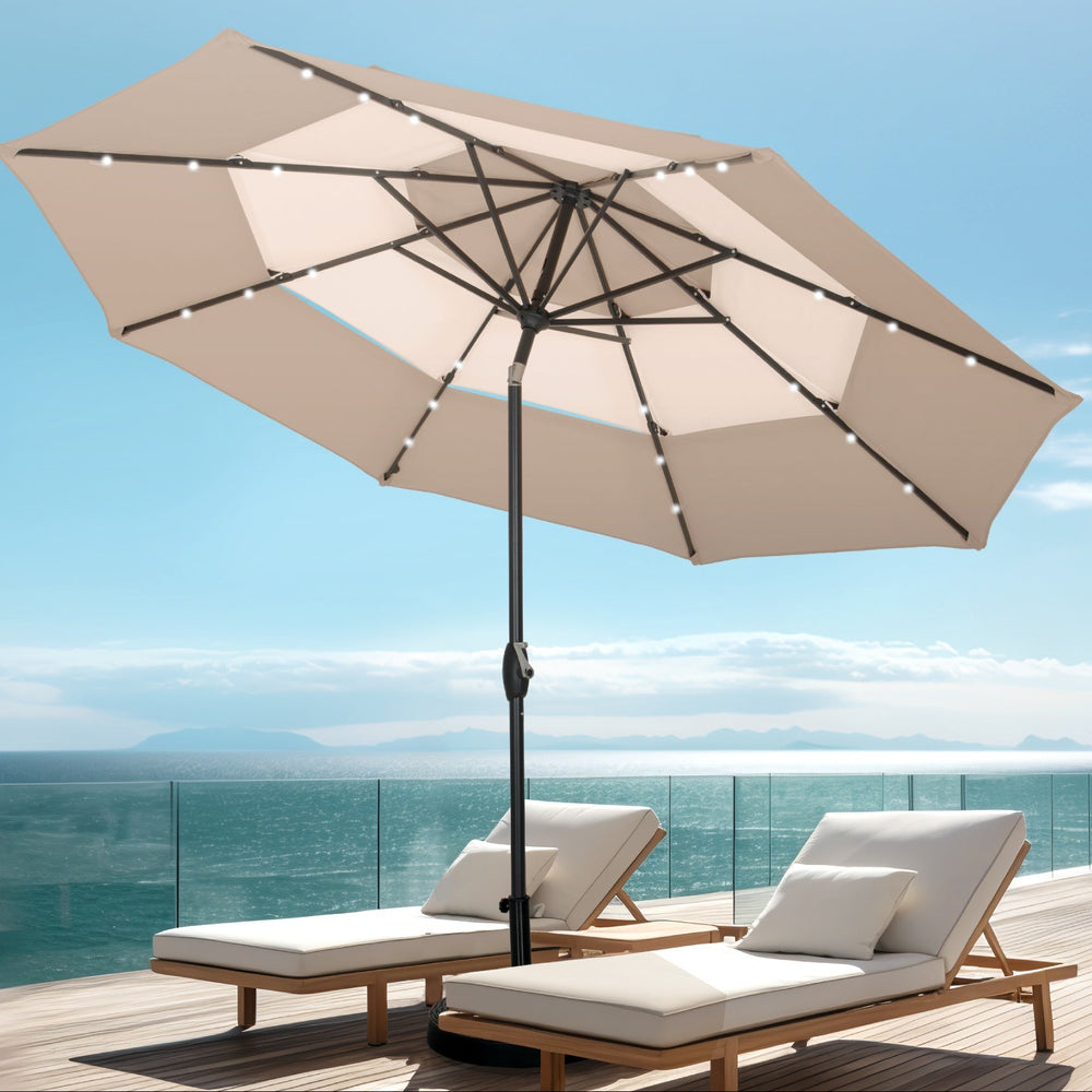 10ft Solar 3 Tier Auto-tilt Patio Vented Umbrella with LED Lights