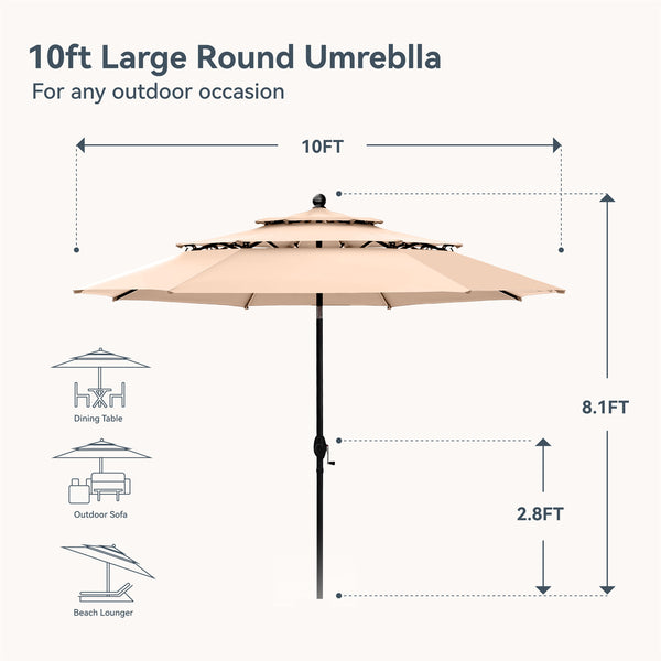 10ft 3 Tier Auto-tilt Patio Umbrella Outdoor Double Vented Umbrella