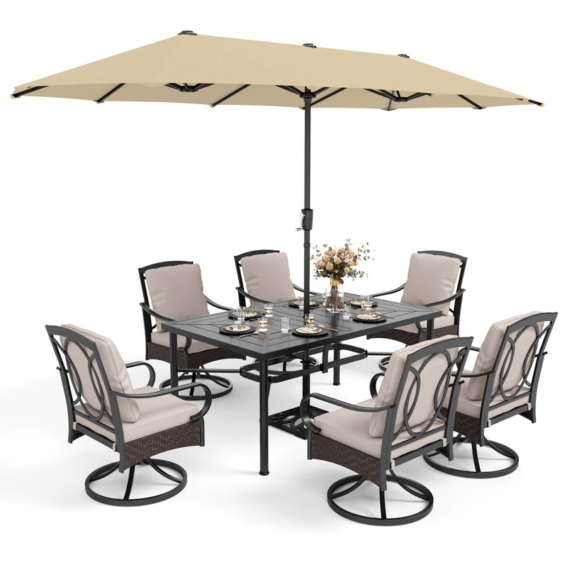 8-Piece Outdoor Dining Set with 13ft Umbrella & Rattan Swivel Chair for Poolside,Deck PHI VILLA