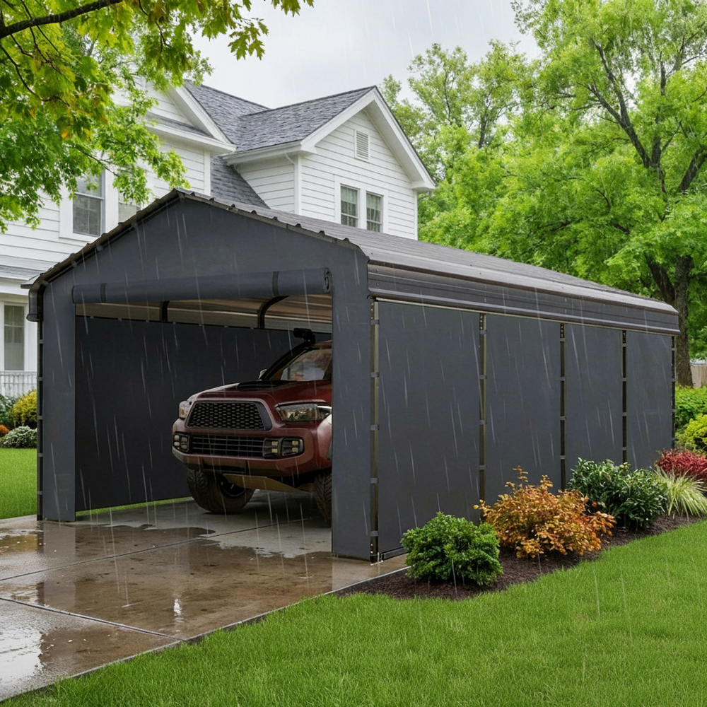 Multi-Sized 1 Car Metal Carport with Sides