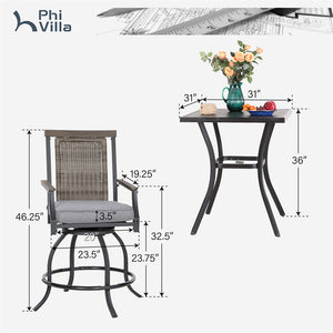 PHI VILLA 3-Piece Patio Bar Set with 2 Swivel Rattan Bar Stools &  1 Square Table