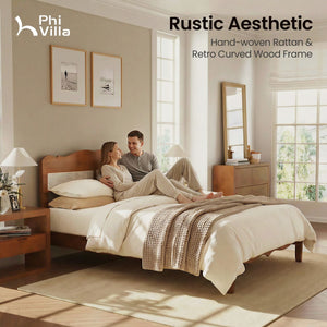 Phi Villa Classic Style Wooden Bed Frame with Rattan Headboard