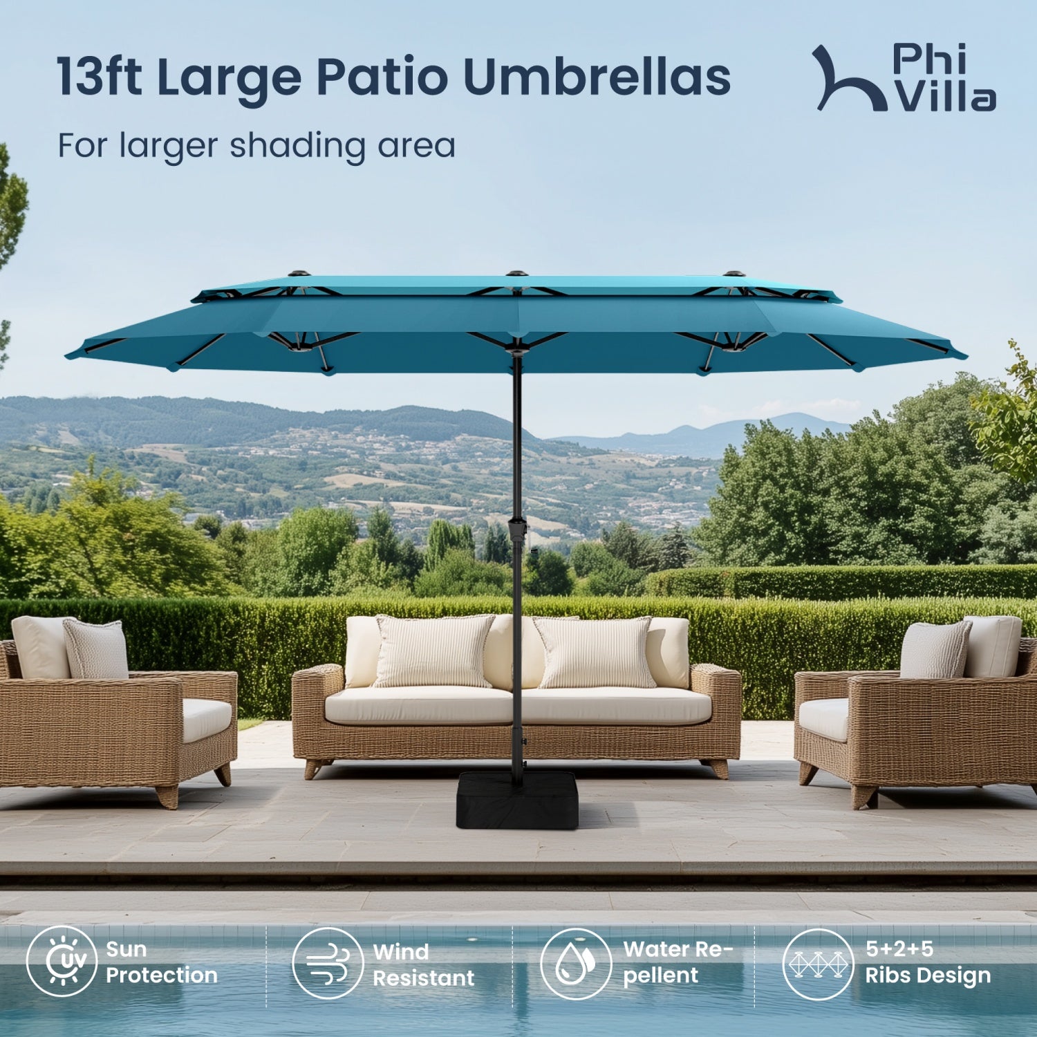 13ft 2 Tier Double-Sided Patio Vented Umbrella with Base
