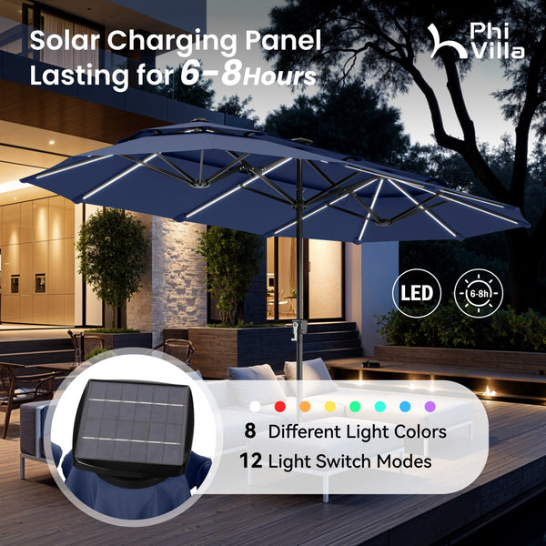 double vented patio umbrella solar lights Kozyard 15 FT Rectangular Double-Sided with Lights, Outdoor Patio Umbrella with Crank Lift, Base Included, UV-Resistant for Pool, 100% Premium polyester fabric Clihome 15 ft. Double-Sided Solar