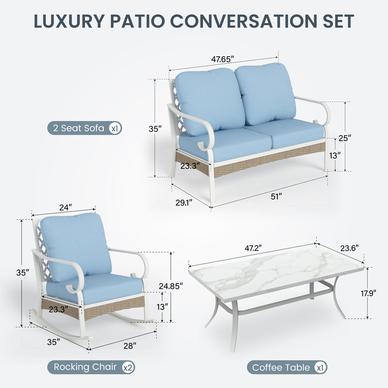 Phi Villa 5-Seat Outdoor Rattan & Steel Rocking Chair Conversation Set