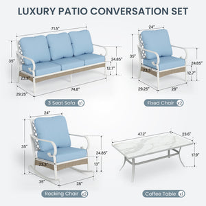 7-Seater Patio Metal All-White Sofa Set with Rattan Edge for Sale