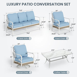 7-Seater Patio Metal All-White Sofa Set with Rattan Edge for Sale