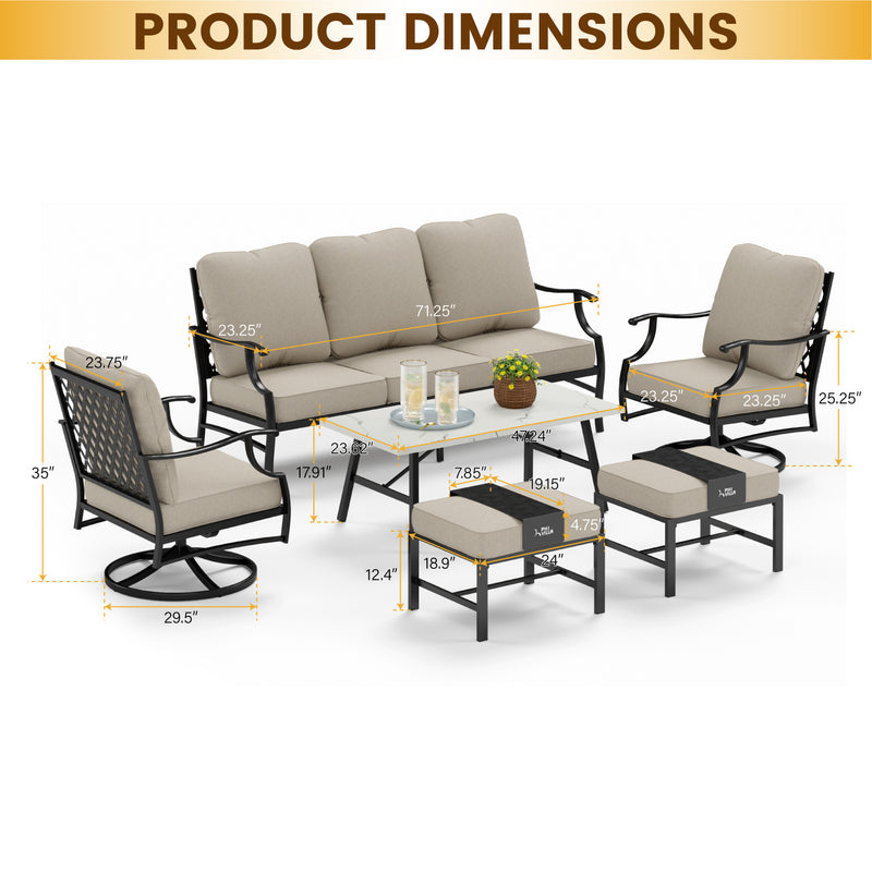 PHI VILLA 18-Piece Set with 6-Seat Dining Set and 7-Seat Steel Conversation Sofa Set and 3-Piece Padded Conversation Set