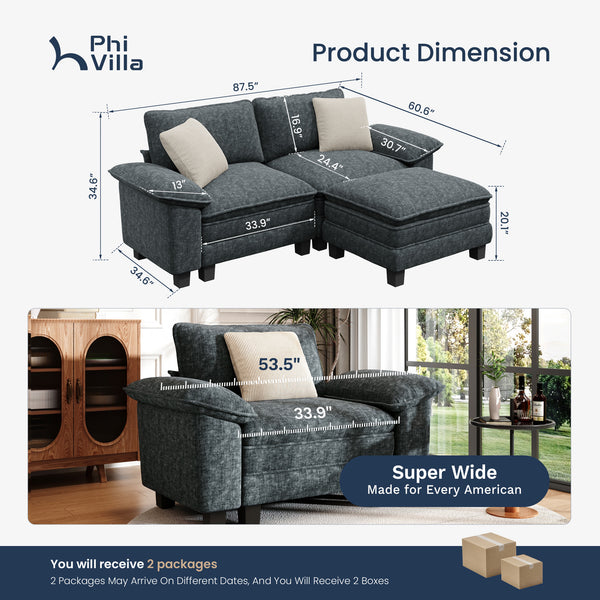Briar Chenille Loveseat with Ottoman | Small Sectional Sofas for Small Spaces