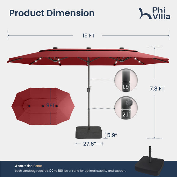 15ft 2 Tier Large Double-Sided Patio Vented Umbrella with Base
