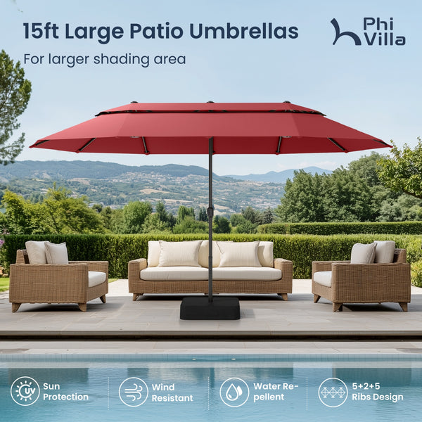 15ft 2 Tier Large Double-Sided Patio Vented Umbrella with Base