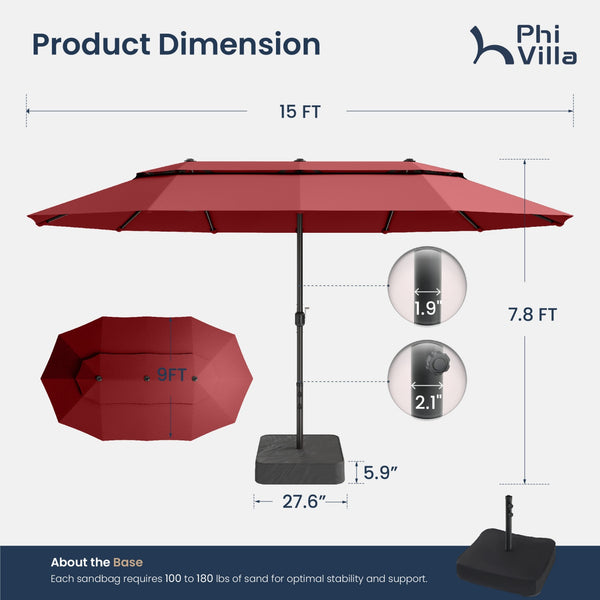 15ft 2 Tier Large Double-Sided Patio Vented Umbrella with Base