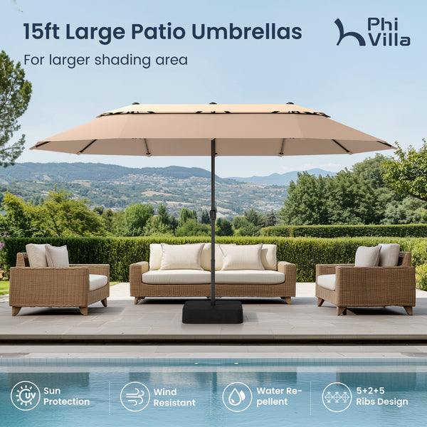 15ft 2 Tier Large Double-Sided Patio Vented Umbrella with Base