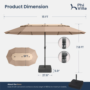 15ft 2 Tier Large Double-Sided Patio Vented Umbrella with Base