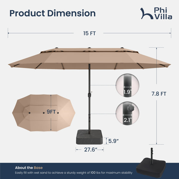 15ft 2 Tier Large Double-Sided Patio Vented Umbrella with Base