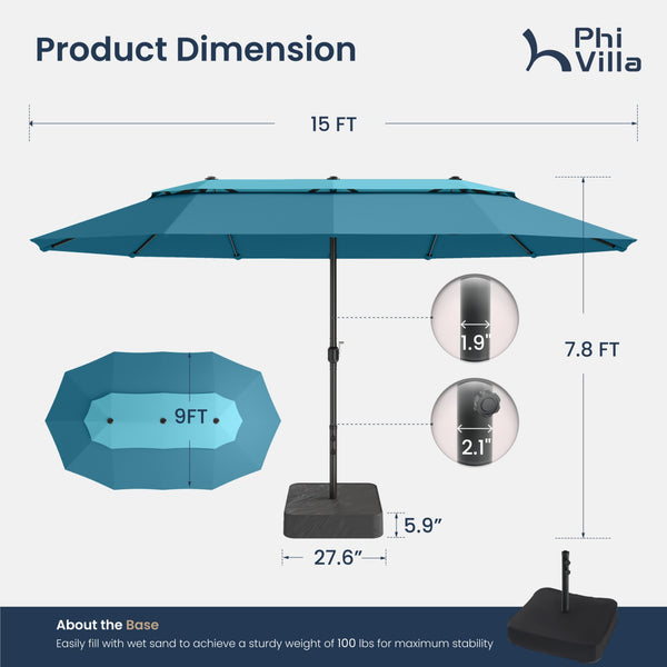 15ft 2 Tier Large Double-Sided Patio Vented Umbrella with Base