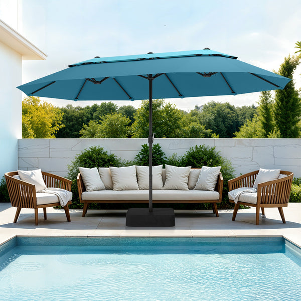 15ft 2 Tier Large Double-Sided Patio Vented Umbrella with Base, Without Lights / Beige