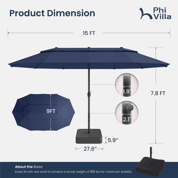 15ft 2 Tier Large Double-Sided Patio Vented Umbrella with Base