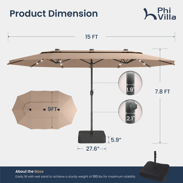 15ft 2 Tier Large Double-Sided Patio Vented Umbrella with Base