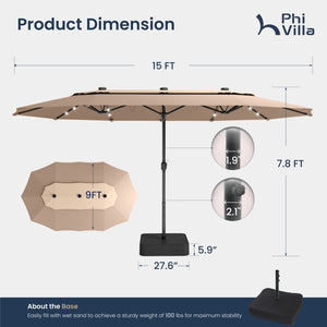 15ft 2 Tier Large Double-Sided Patio Vented Umbrella with Base
