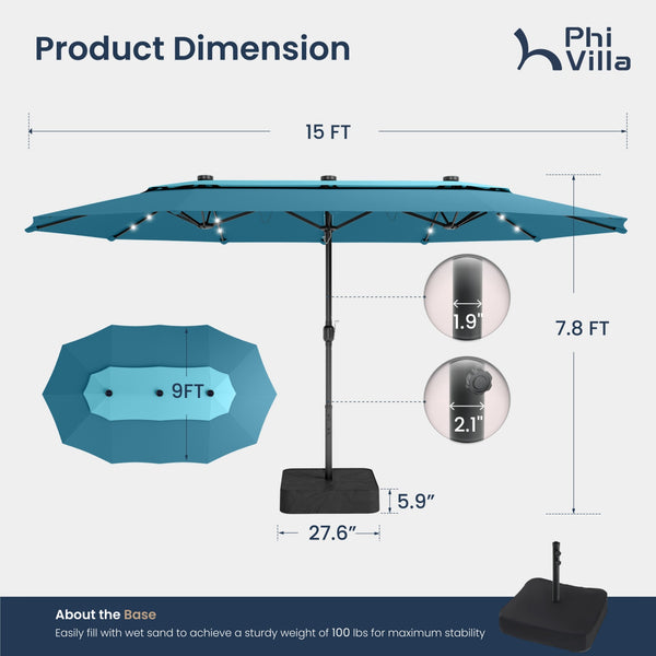 15ft 2 Tier Large Double-Sided Patio Vented Umbrella with Base